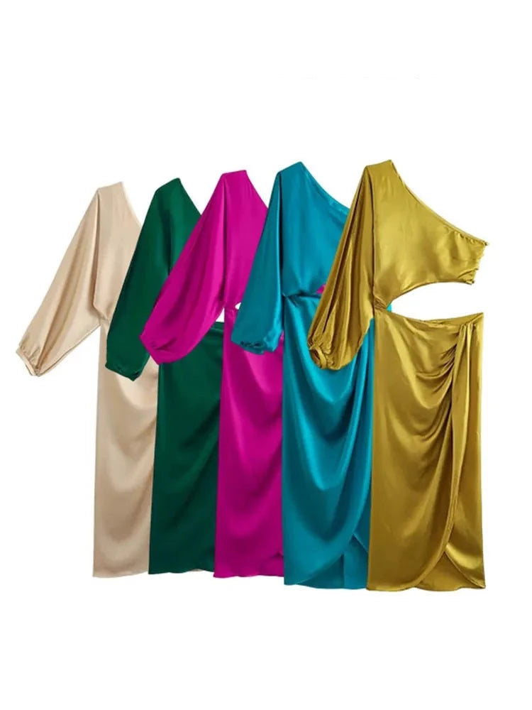 Asymmetric Satin Cut Out Long Dress For Women