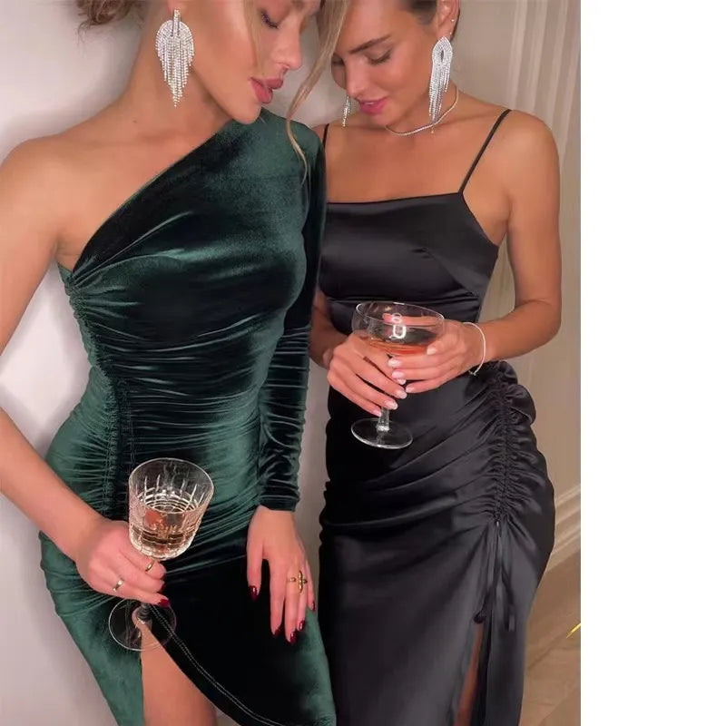 Long Sleeve One Shoulder Slit Velvet Midi Dress