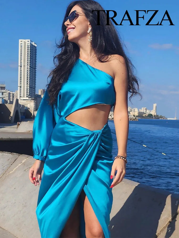 Asymmetric Satin Cut Out Long Dress For Women