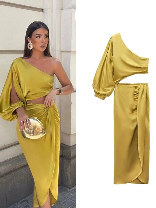 Asymmetric Satin Cut Out Long Dress For Women
