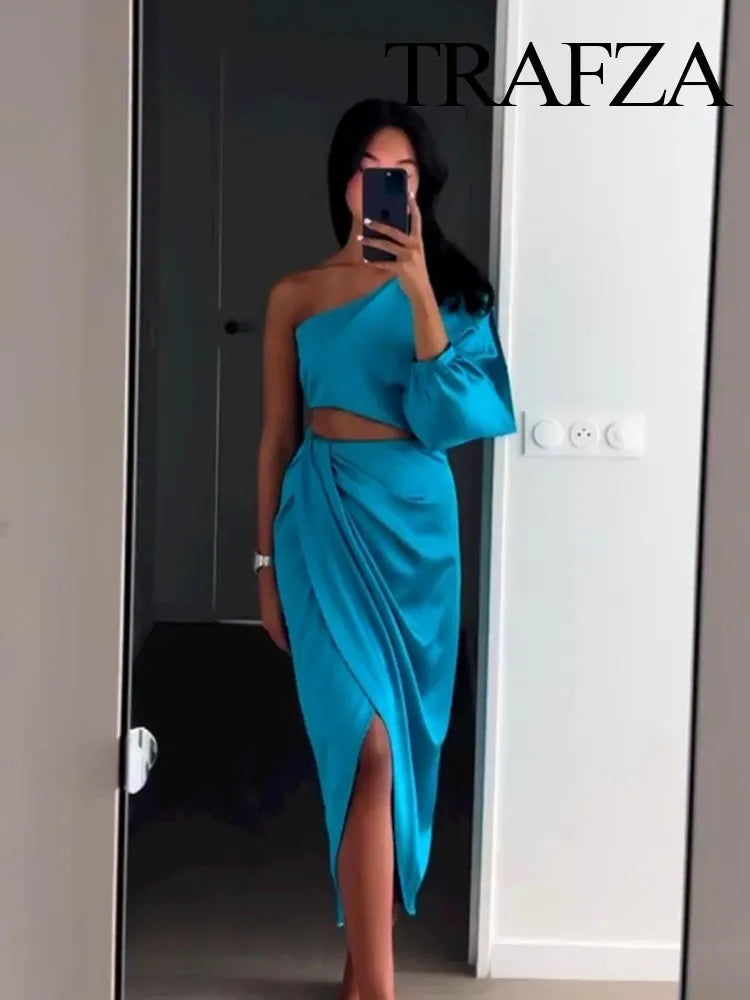 Asymmetric Satin Cut Out Long Dress For Women