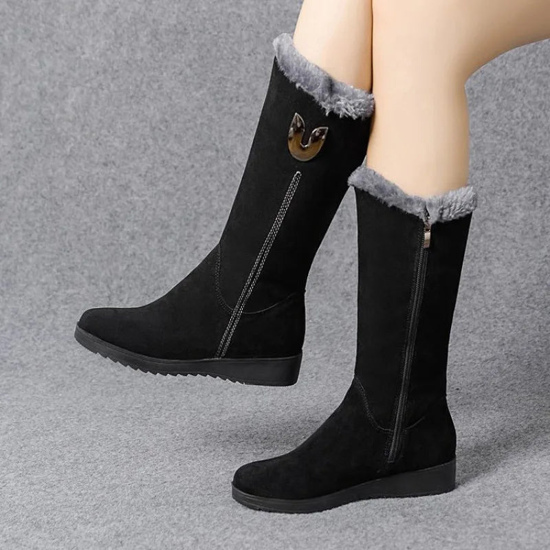 Women Chunky Mid-calf Plush Snow Flat Boots