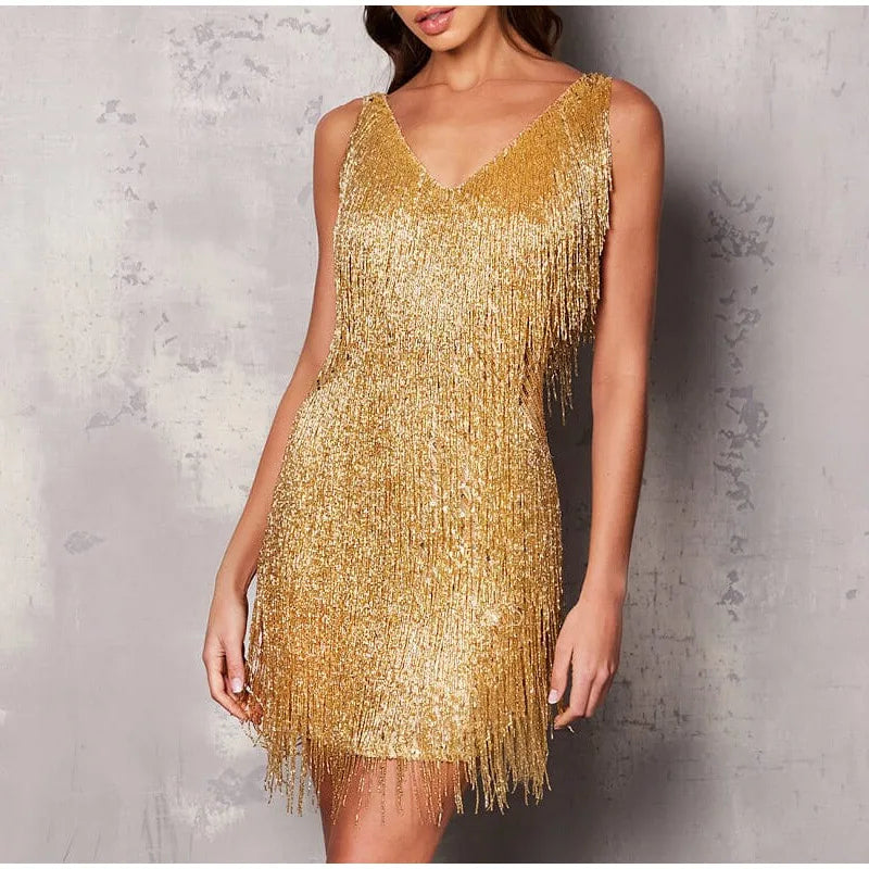 Women Tassel Sequins Feather Mini Dress