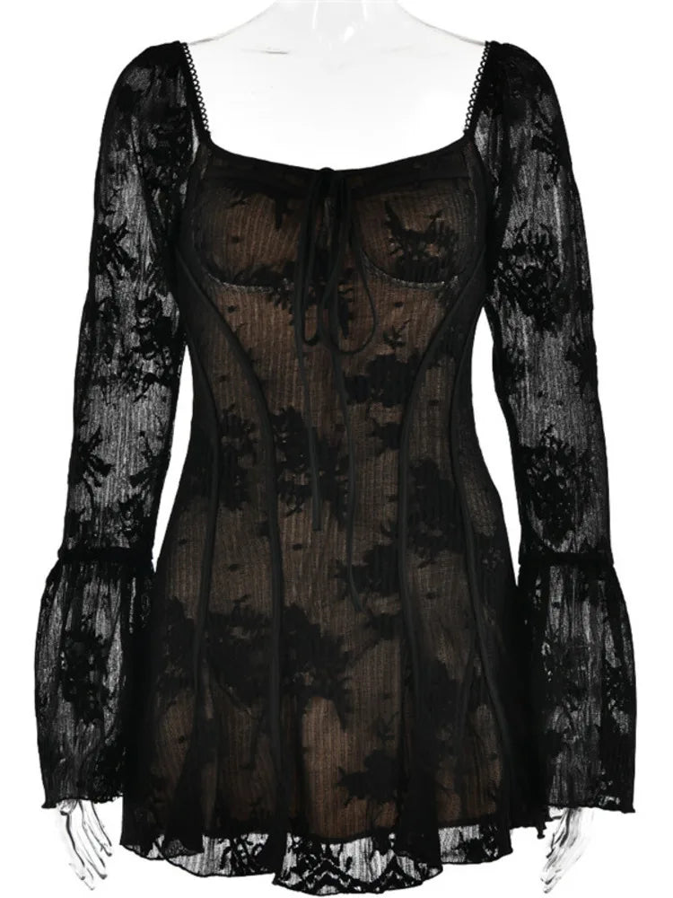 Women Long Flare Sleeve Print Mini Dress
