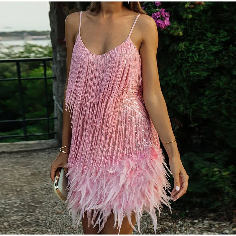 Women Tassel Sequins Feather Mini Dress
