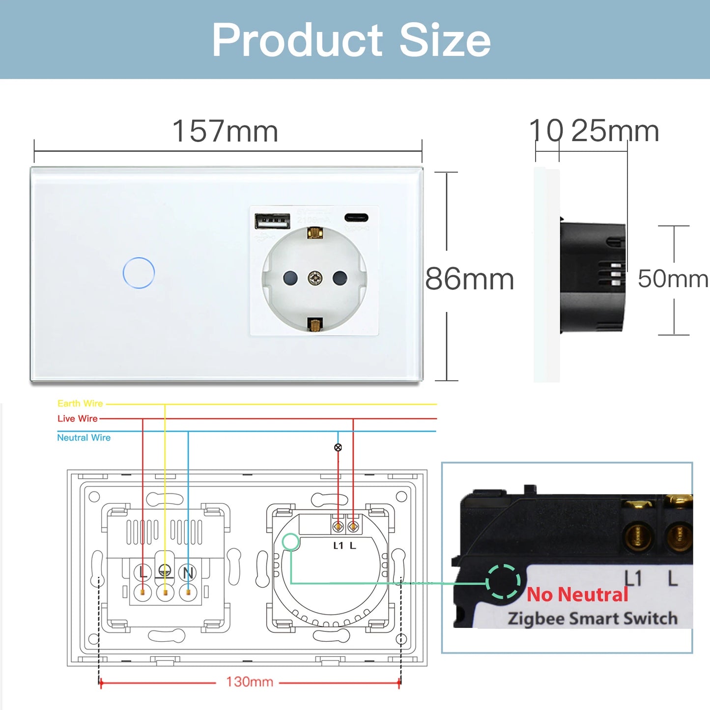 Touch Light Switches Plus EU Wall Socket With Type-C USB