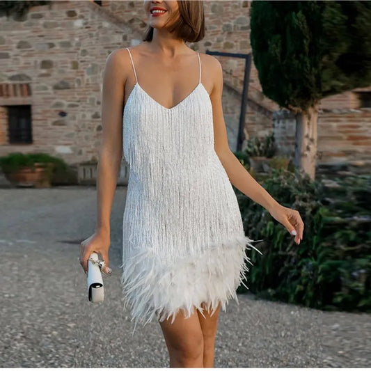Women Tassel Sequins Feather Mini Dress