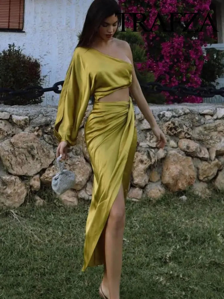 Asymmetric Satin Cut Out Long Dress For Women