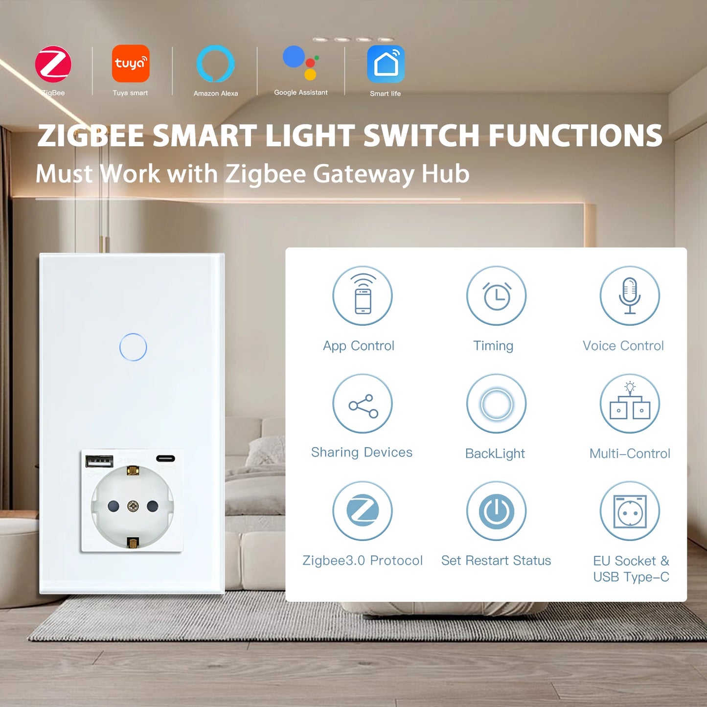 Touch Light Switches Plus EU Wall Socket With Type-C USB