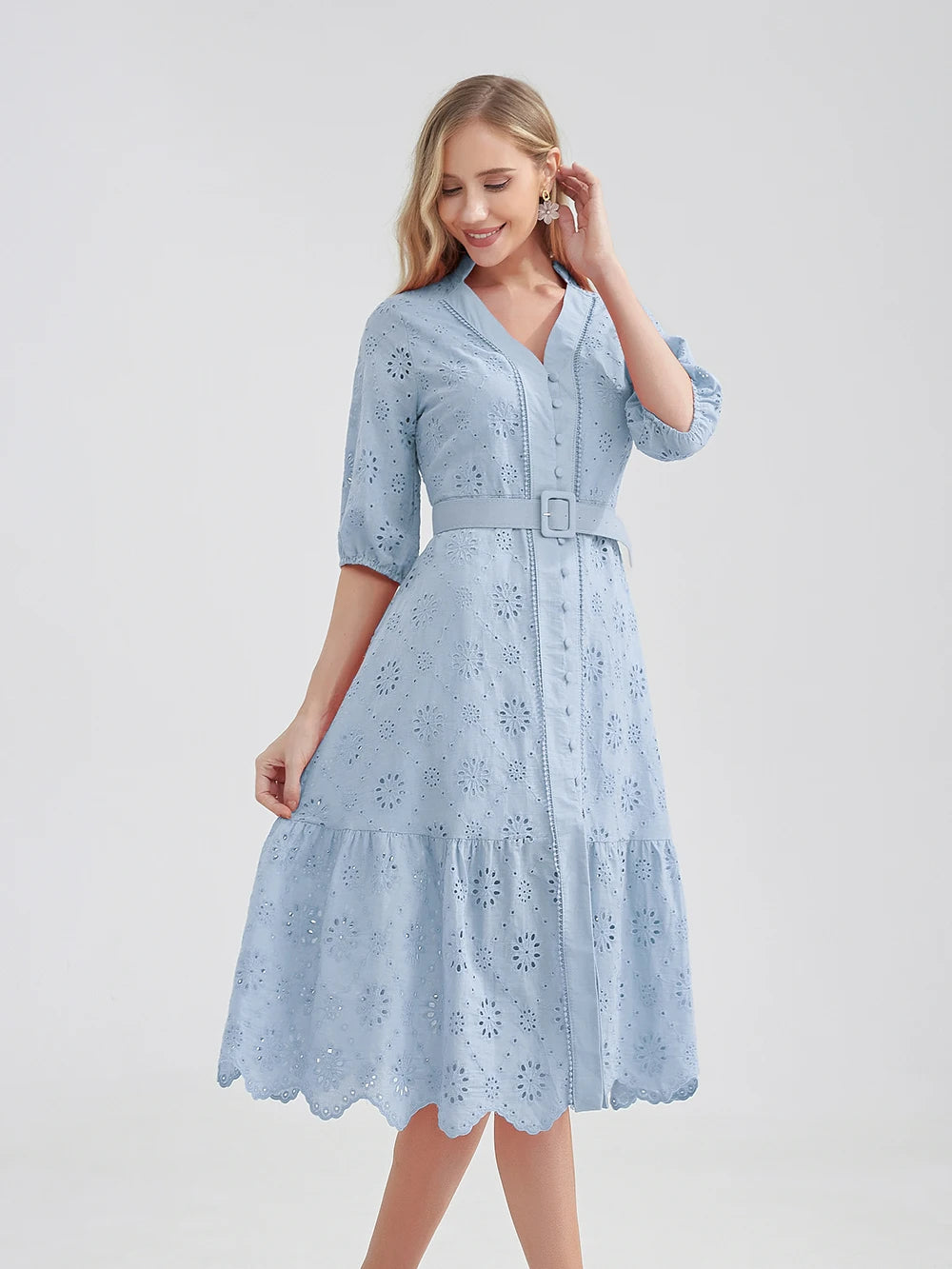 Women Holiday Casual High Waist Ruffled Mini V-Neck Dresses