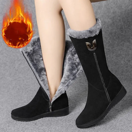 Women Chunky Mid-calf Plush Snow Flat Boots