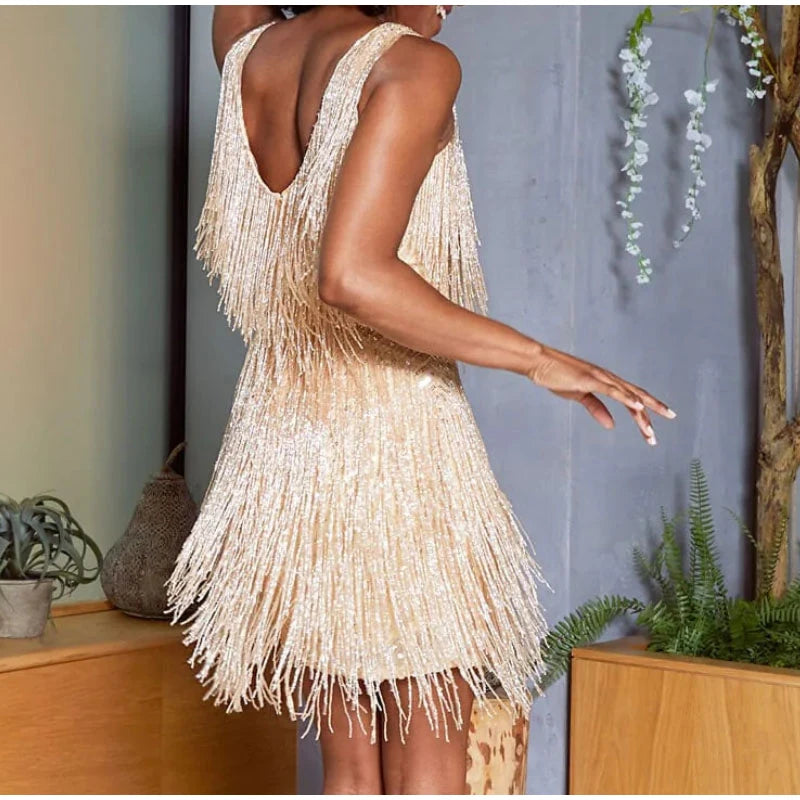 Women Tassel Sequins Feather Mini Dress
